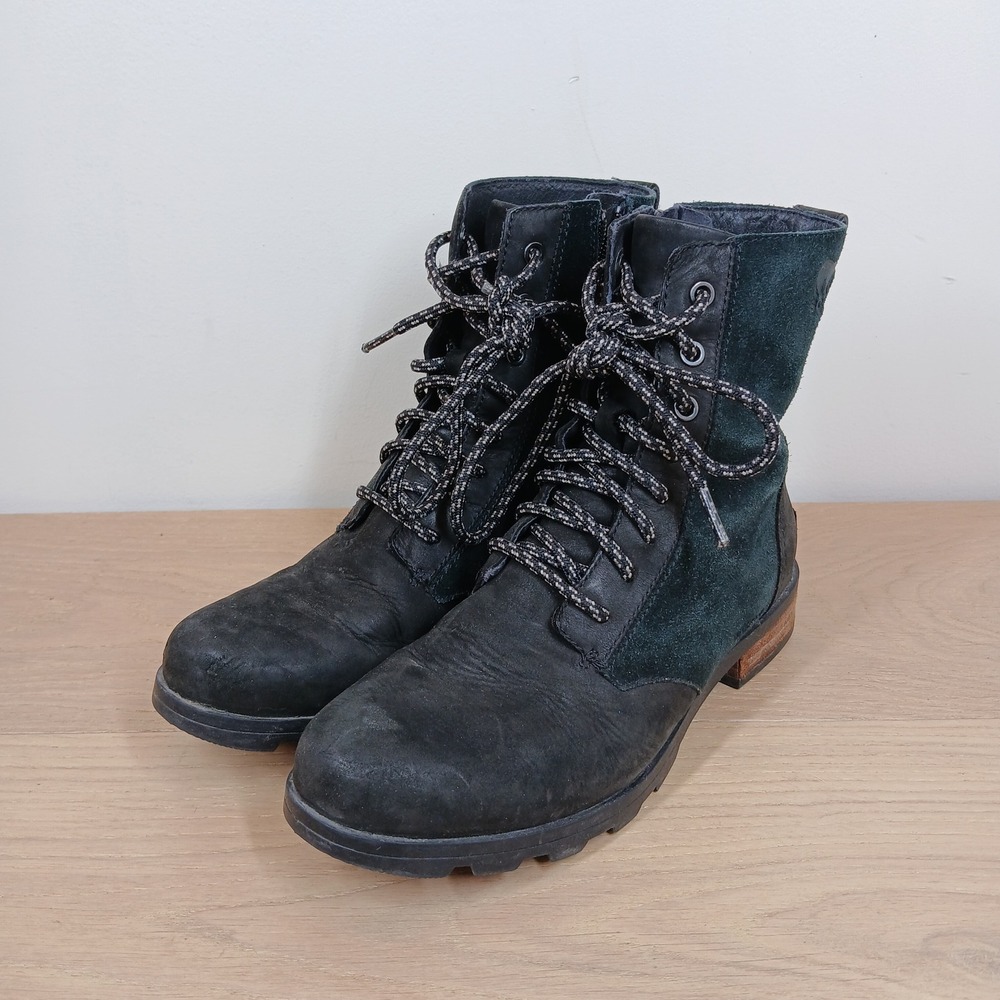 Sorel Ainsley Conquest Women Size 7 Black Leather Suede Lace Up Side Zip Boots